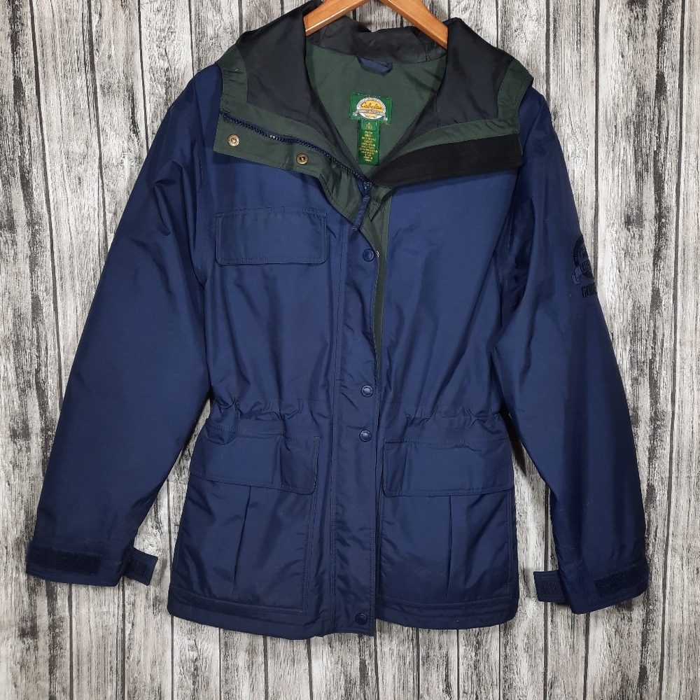 Cabelas Outdoor Cold Weather Gear Gore-tex Navy Blue Parka Coat Zip Jacket Small